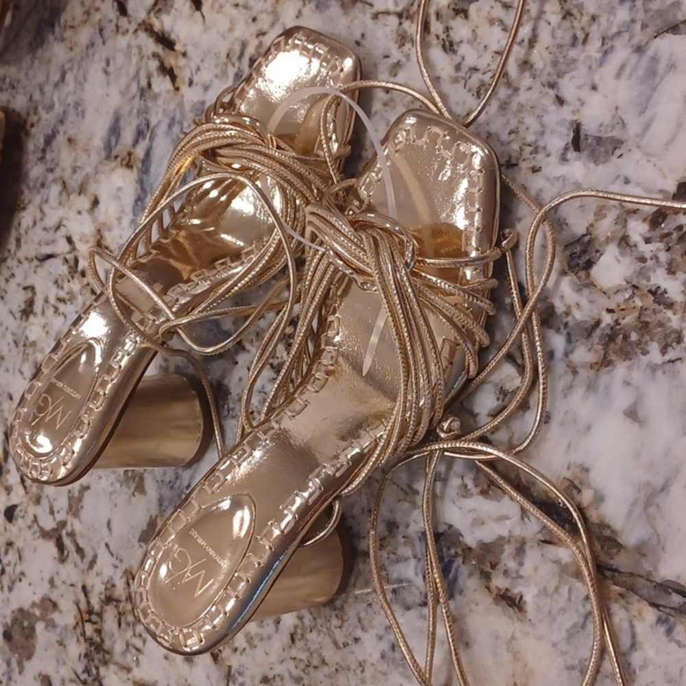 ANTONIO MELANI Metallic Gold Strappy Block Heel Sandals